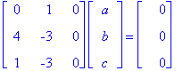 matrix([[0, 1, 0], [4, -3, 0], [1, -3, 0]])*matrix([[a], [b], [c]]) = matrix([[0], [0], [0]])