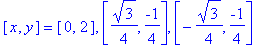 [x, y] = [0, 2], [1/4*3^(1/2), -1/4], [-1/4*3^(1/2), -1/4]
