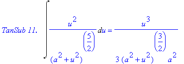 `TanSub 11. &nbsp;`*Int(u^2/(a^2+u^2)^(5/2),u) = 1/3/(a^2+u^2)^(3/2)/a^2*u^3