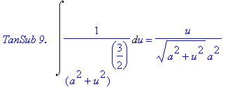 `TanSub 9. &nbsp;`*Int(1/((a^2+u^2)^(3/2)),u) = 1/(a^2+u^2)^(1/2)/a^2*u