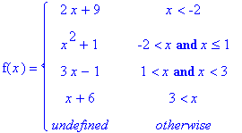 f(x) = PIECEWISE([2*x+9, x < -2],[x^2+1, -2 < x and x <= 1],[3*x-1, 1 < x and x < 3],[x+6, 3 < x],[undefined, otherwise])
