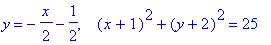 y = -1/2*x-1/2, ` `*(x+1)^2+(y+2)^2 = 25