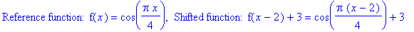 `Reference function: f`(x) = cos(1/4*Pi*x), ` Shifted function: f`(x-2)+3 = cos(1/4*Pi*(x-2))+3