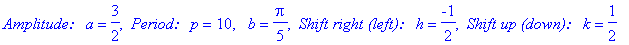`Amplitude: a` = 3/2, ` Period: p` = 10, ` b` = 1/5*Pi, ` Shift right (left): h` = -1/2, ` Shift up (down): k` = 1/2