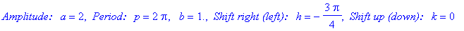 `Amplitude: a` = 2, ` Period: p` = 2*Pi, ` b` = 1., ` Shift right (left): h` = -3/4*Pi, ` Shift up (down): k` = 0