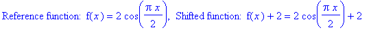 `Reference function: f`(x) = 2*cos(1/2*Pi*x), ` Shifted function: f`(x)+2 = 2*cos(1/2*Pi*x)+2