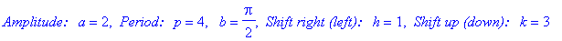 `Amplitude: a` = 2, ` Period: p` = 4, ` b` = 1/2*Pi, ` Shift right (left): h` = 1, ` Shift up (down): k` = 3