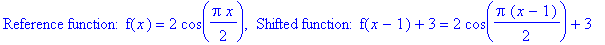 `Reference function: f`(x) = 2*cos(1/2*Pi*x), ` Shifted function: f`(x-1)+3 = 2*cos(1/2*Pi*(x-1))+3