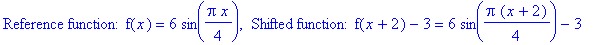 `Reference function: f`(x) = 6*sin(1/4*Pi*x), ` Shifted function: f`(x+2)-3 = 6*sin(1/4*Pi*(x+2))-3