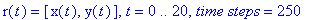 r(t) = [x(t), y(t)], t = 0 .. 20, `time steps` = 250