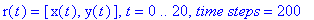 r(t) = [x(t), y(t)], t = 0 .. 20, `time steps` = 200